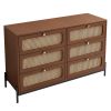 Modern Cannage Rattan Wood Closet 6-Drawer Dresser Wood Storage Cabinet Sideboard for Bedroom, Living Room, Entryway, Hallway, Walnut